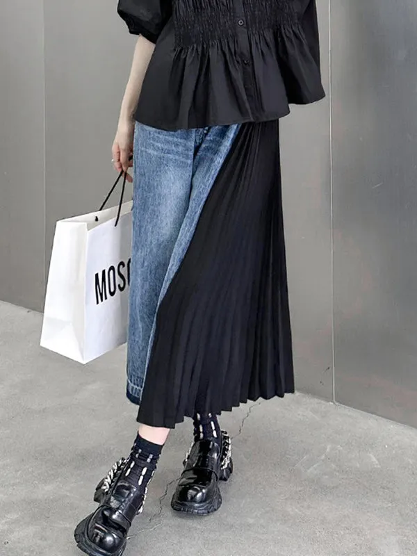 Loose Ninth Pants Contrast Color Pleated Split-Joint Jean Pants Bottoms