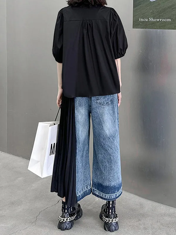 Loose Ninth Pants Contrast Color Pleated Split-Joint Jean Pants Bottoms