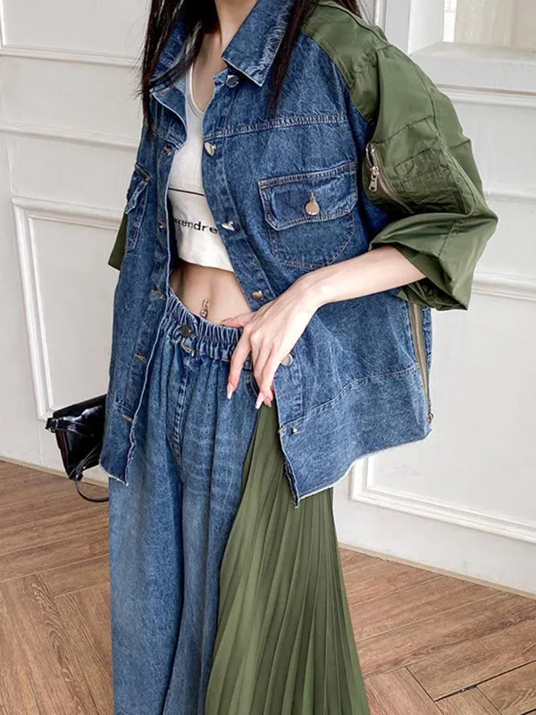 Loose Ninth Pants Contrast Color Pleated Split-Joint Jean Pants Bottoms