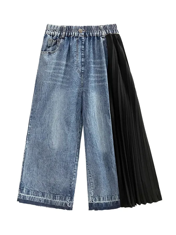 Loose Ninth Pants Contrast Color Pleated Split-Joint Jean Pants Bottoms