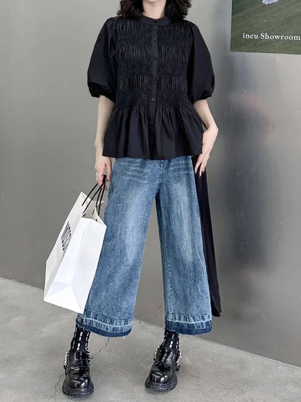 Loose Ninth Pants Contrast Color Pleated Split-Joint Jean Pants Bottoms