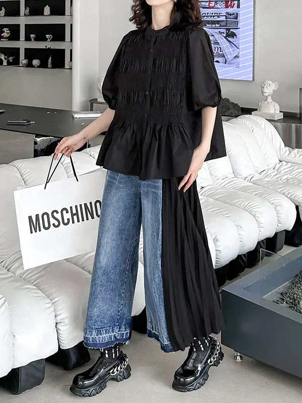 Loose Ninth Pants Contrast Color Pleated Split-Joint Jean Pants Bottoms