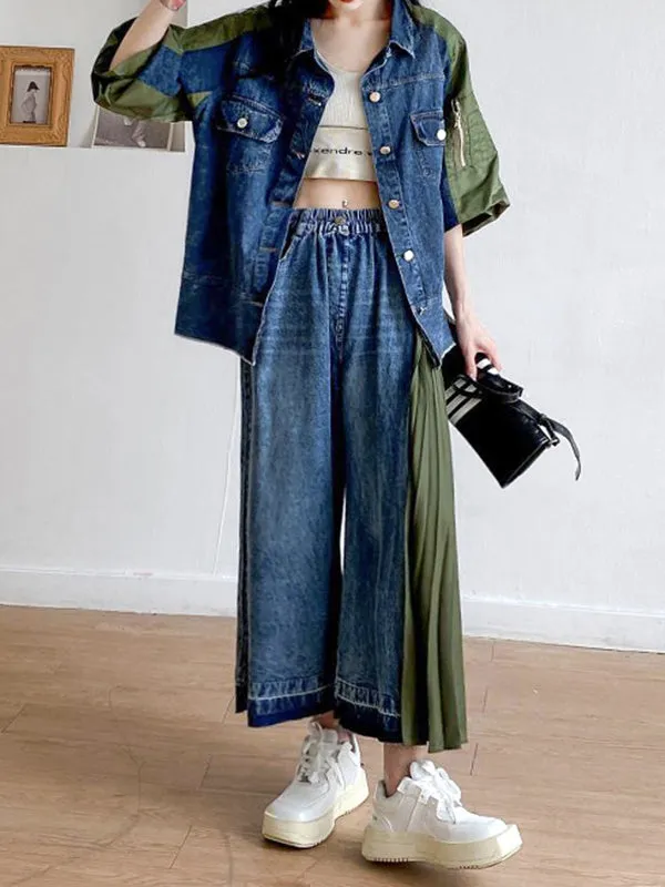 Loose Ninth Pants Contrast Color Pleated Split-Joint Jean Pants Bottoms