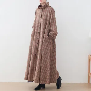 Luxury khaki plaid Woolen Coats plus size medium length jackets pockets Button Downwinter coat