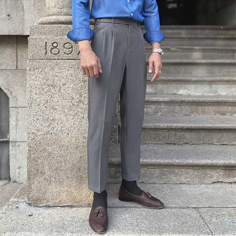 Men's British Business Dress Pants Casual Straight Leg High Waisted Trousers