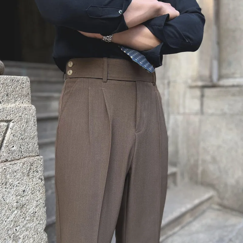 Men's British Business Dress Pants Casual Straight Leg High Waisted Trousers