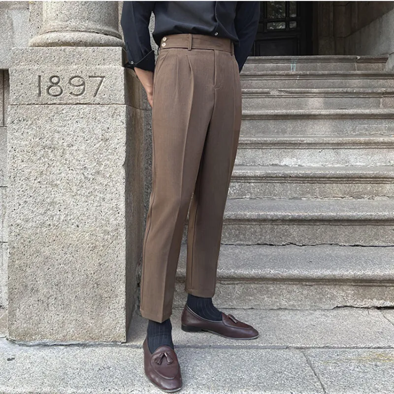 Men's British Business Dress Pants Casual Straight Leg High Waisted Trousers