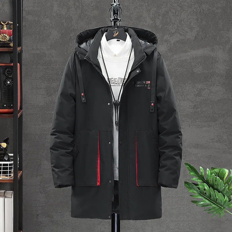 Men's Plus Thick Warm Windbreaker Mid-length Hooded Cotton Coat