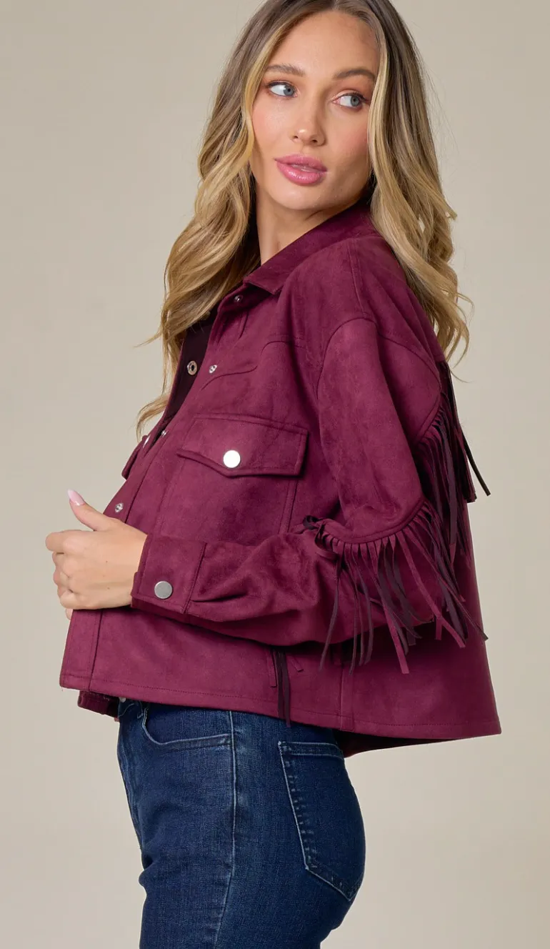 MERLOT BUTTON DOWN SUEDE FRINGE JACKET