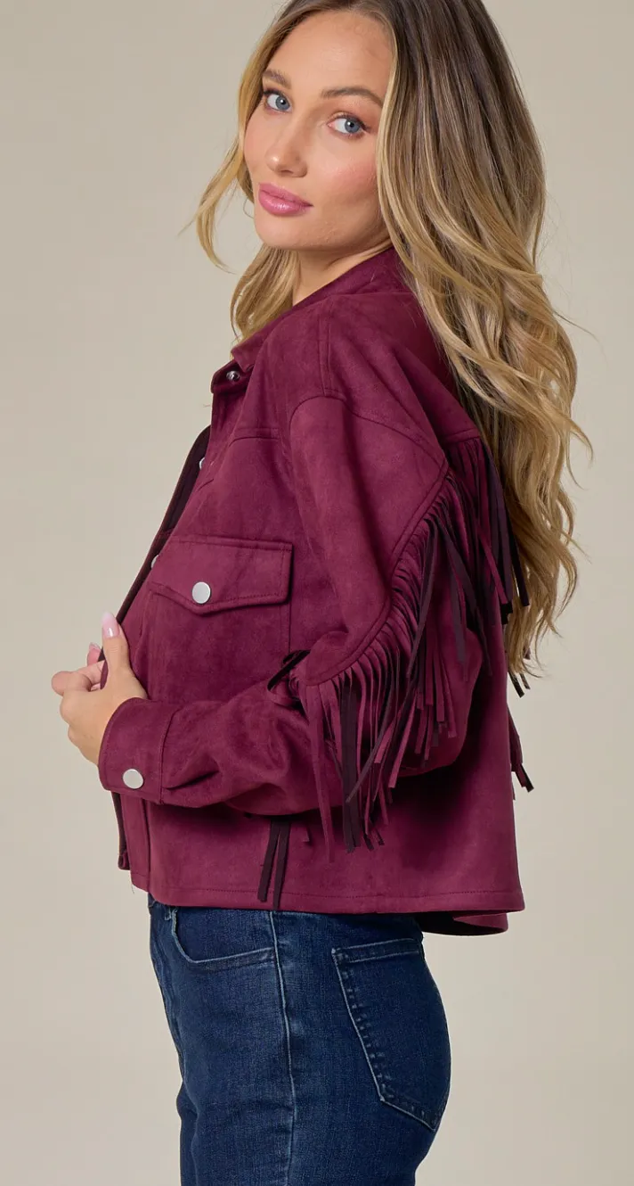 MERLOT BUTTON DOWN SUEDE FRINGE JACKET