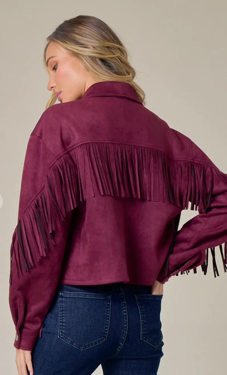 MERLOT BUTTON DOWN SUEDE FRINGE JACKET