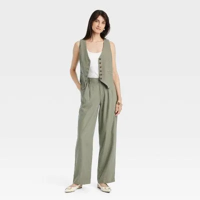 New - Women's High-Rise Linen Pleat Front Straight Trousers - A New Day