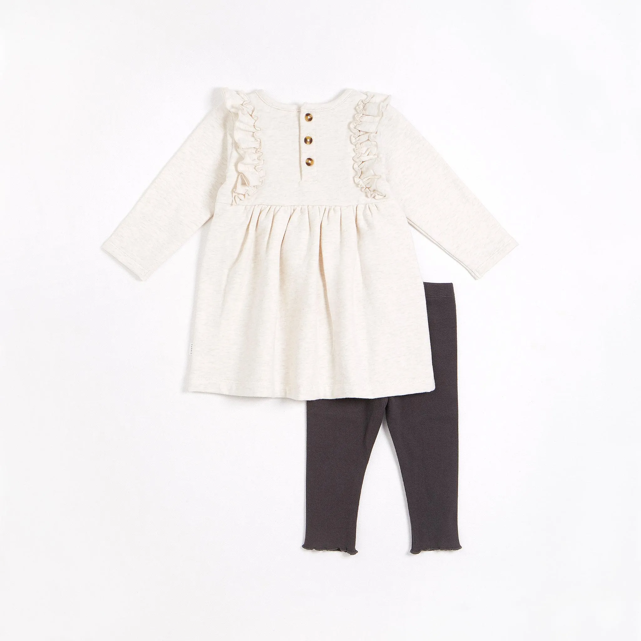 Organic Ruffled Dress with Knit Leggings, Heather Oatmeal