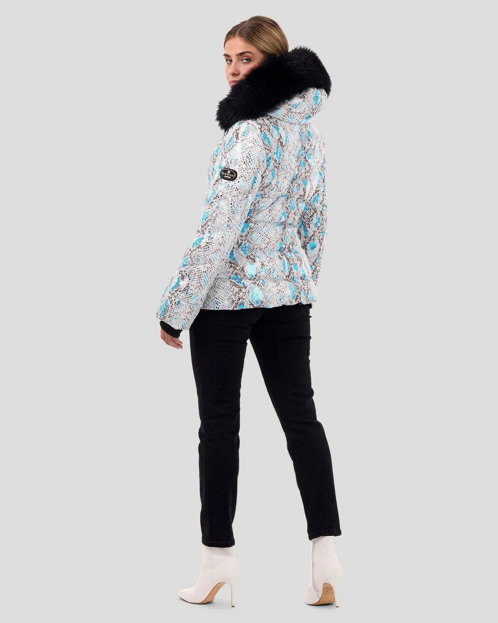 Printed Après-Ski Jacket with Detachable Toscana Shearling Lamb Hood Trim