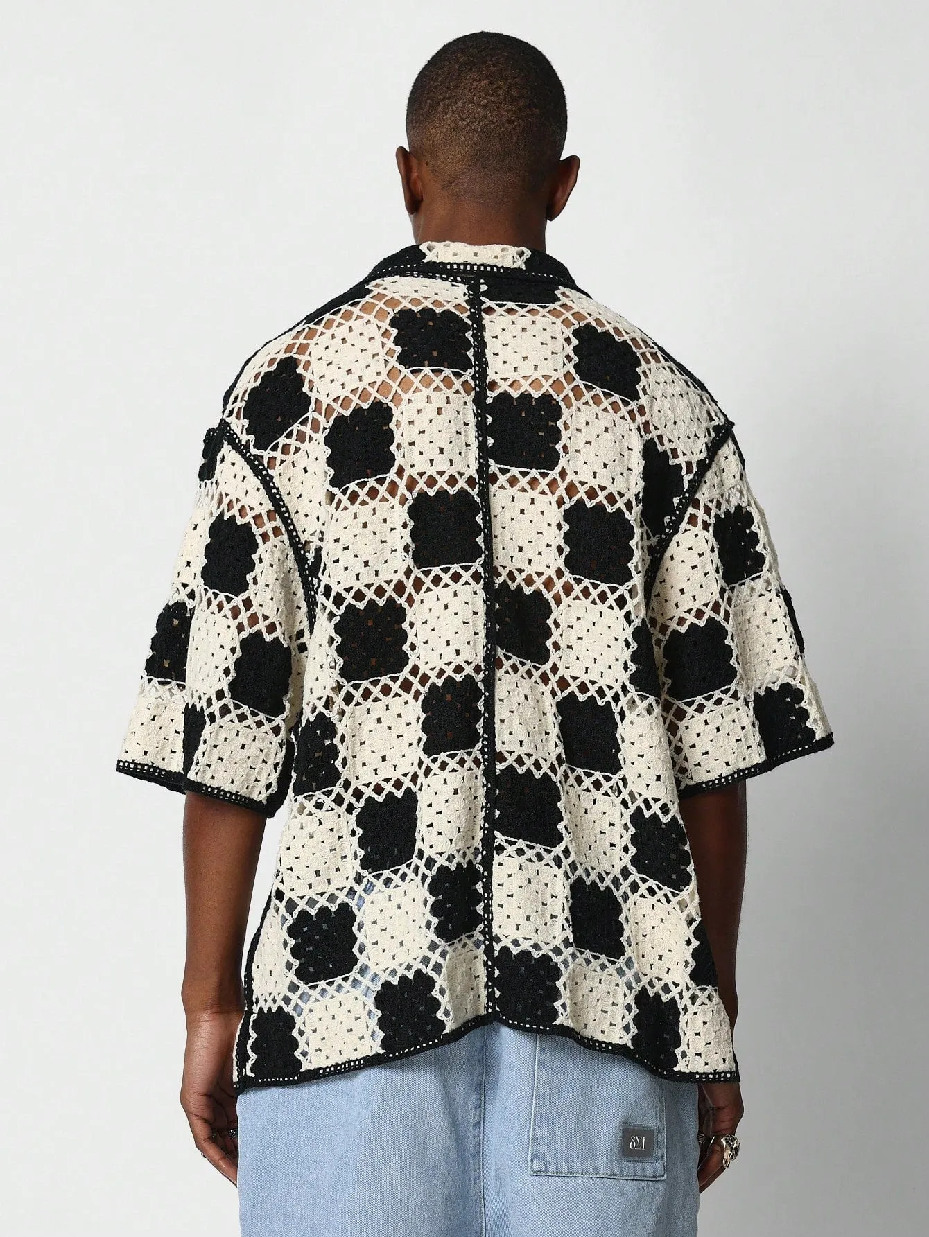 Regular Fit Button Through Checkerboard Crochet Shirt