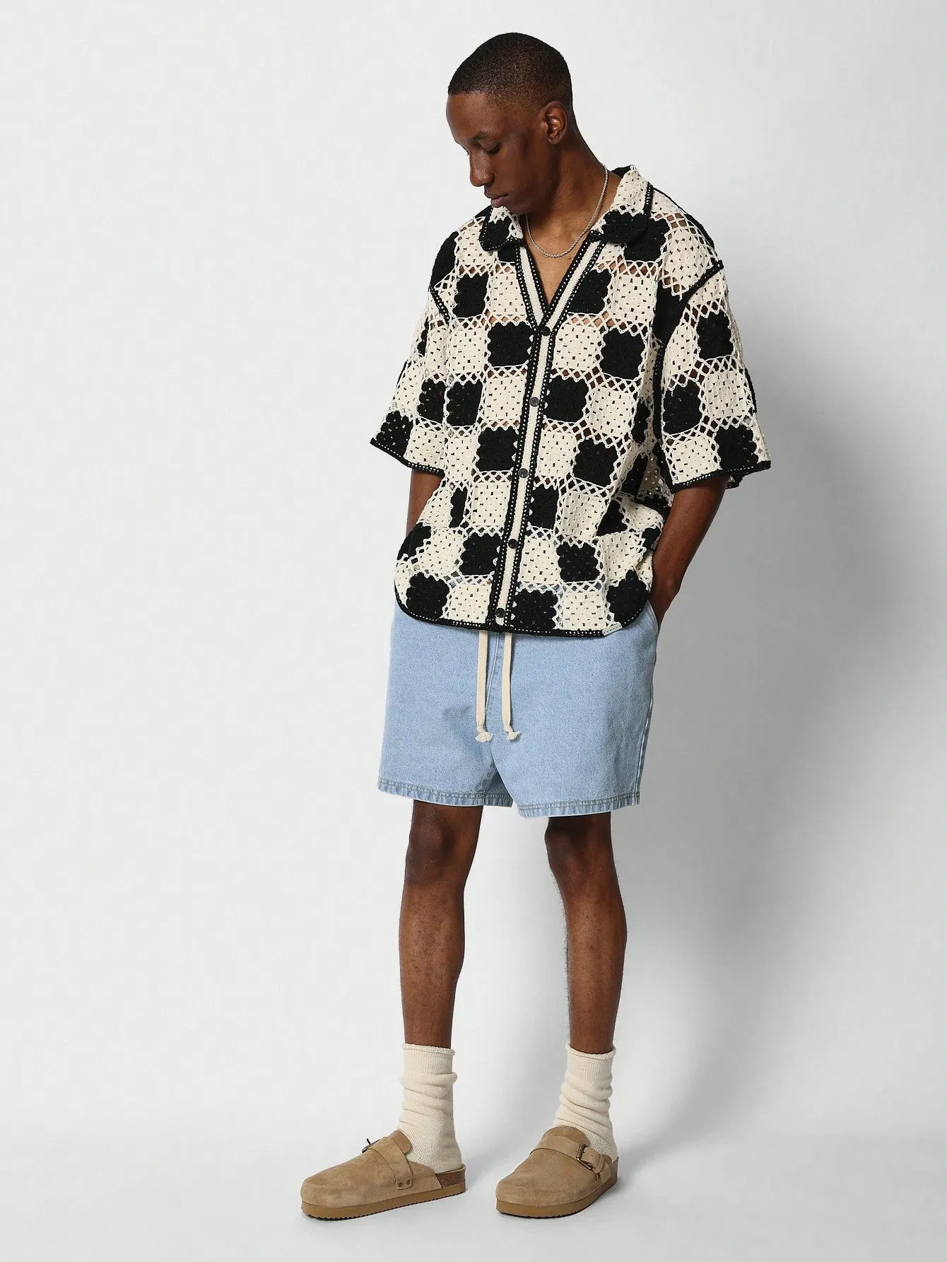 Regular Fit Button Through Checkerboard Crochet Shirt