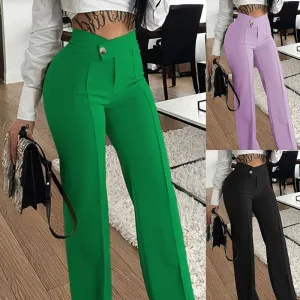 Slim Straight-leg Pants With Buckle Solid Color Trousers