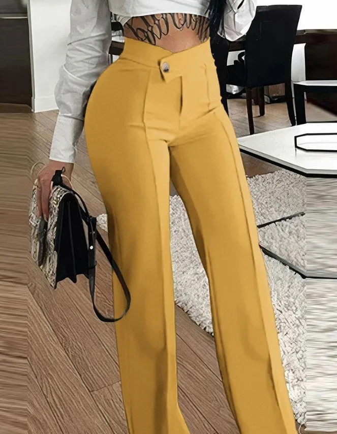 Slim Straight-leg Pants With Buckle Solid Color Trousers