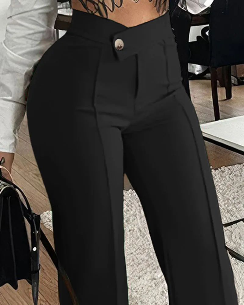 Slim Straight-leg Pants With Buckle Solid Color Trousers