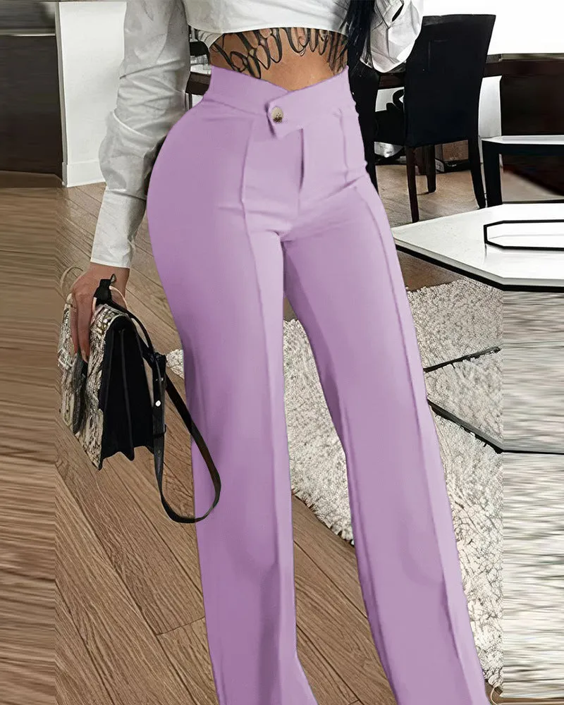 Slim Straight-leg Pants With Buckle Solid Color Trousers