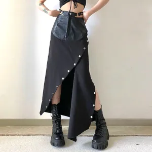 Solid Spliced Leather Skirts For Women High Waist Patchwork Button Split Streetwear Skirt Female Fashion Clothing