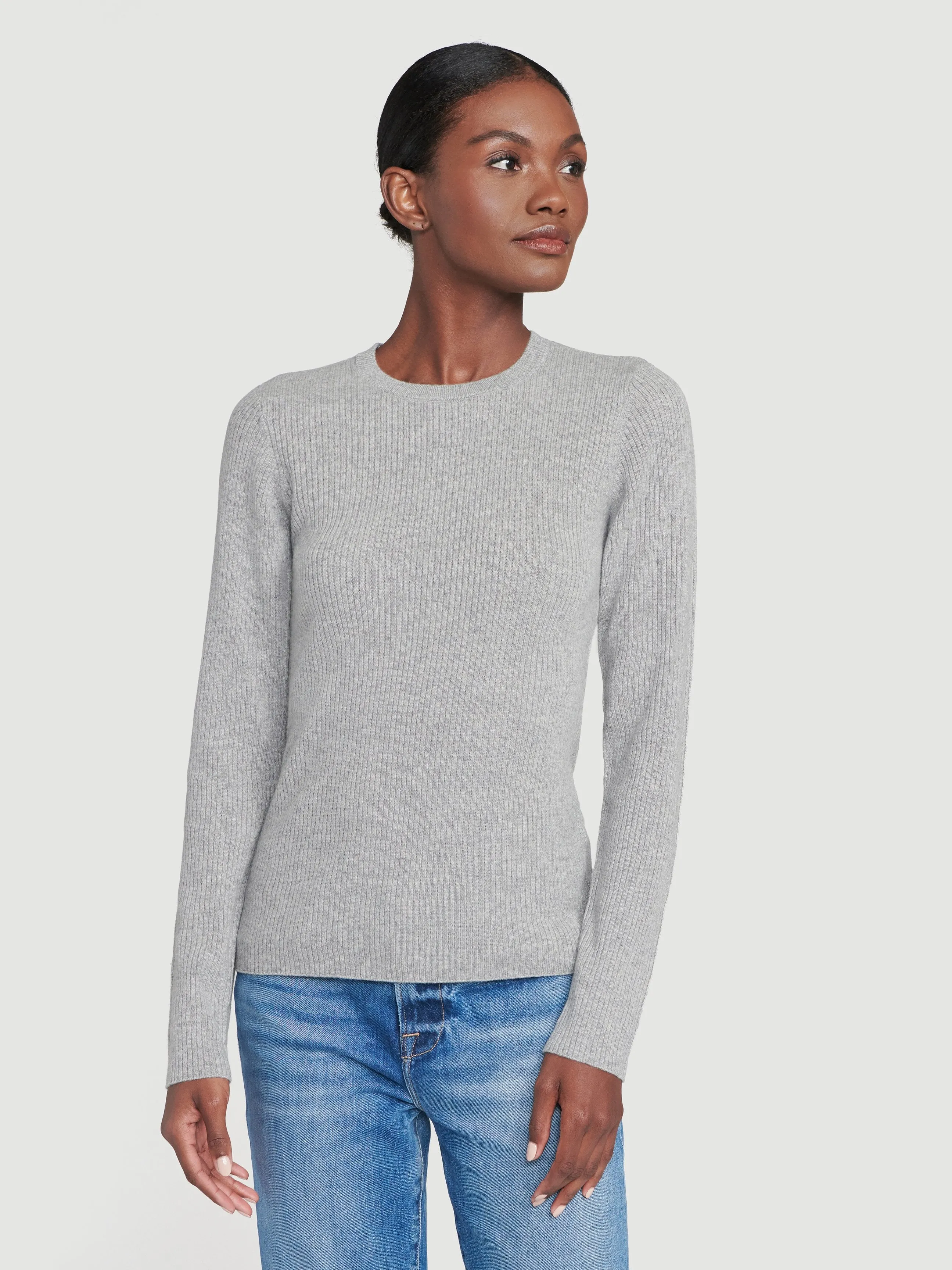 Sustainable Cashmere Fine Ribbed Crew -- Gris Heather