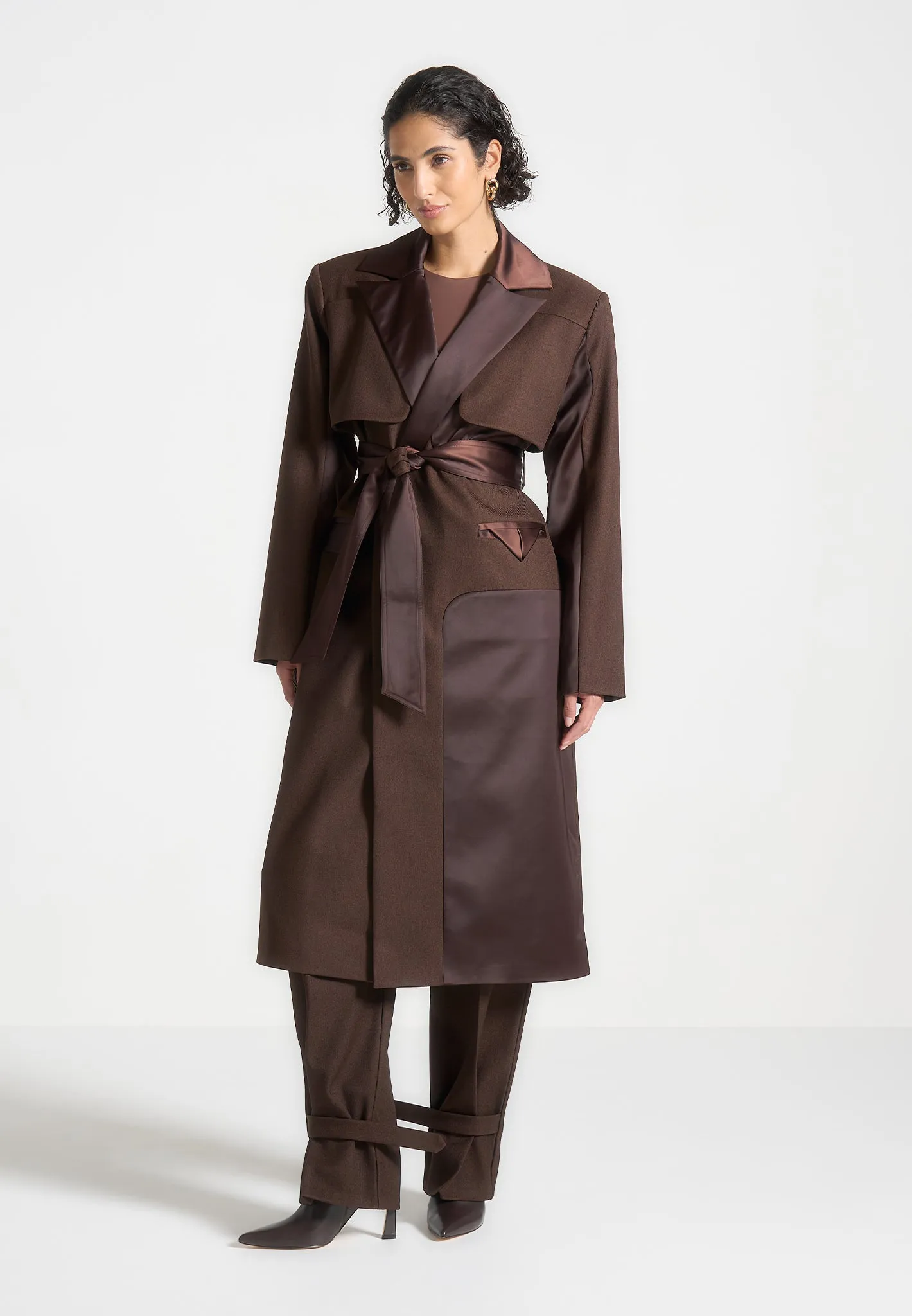 Tailored Satin Trench Coat - Brown