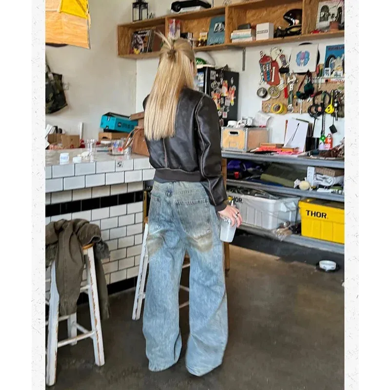 TAVIMART  -  Women's Street Casual 2000s Pants Baggy Y2K Wide Leg Washed Grunge Denim Trouser American Vintage High Waist Straight Emo Jeans