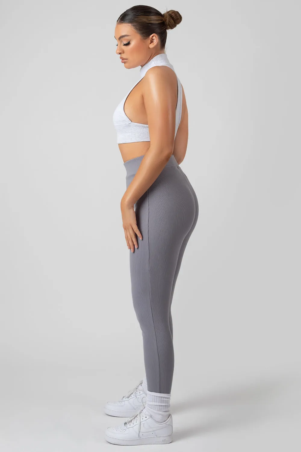 Thick Waistband Ribbed Leggings Grey