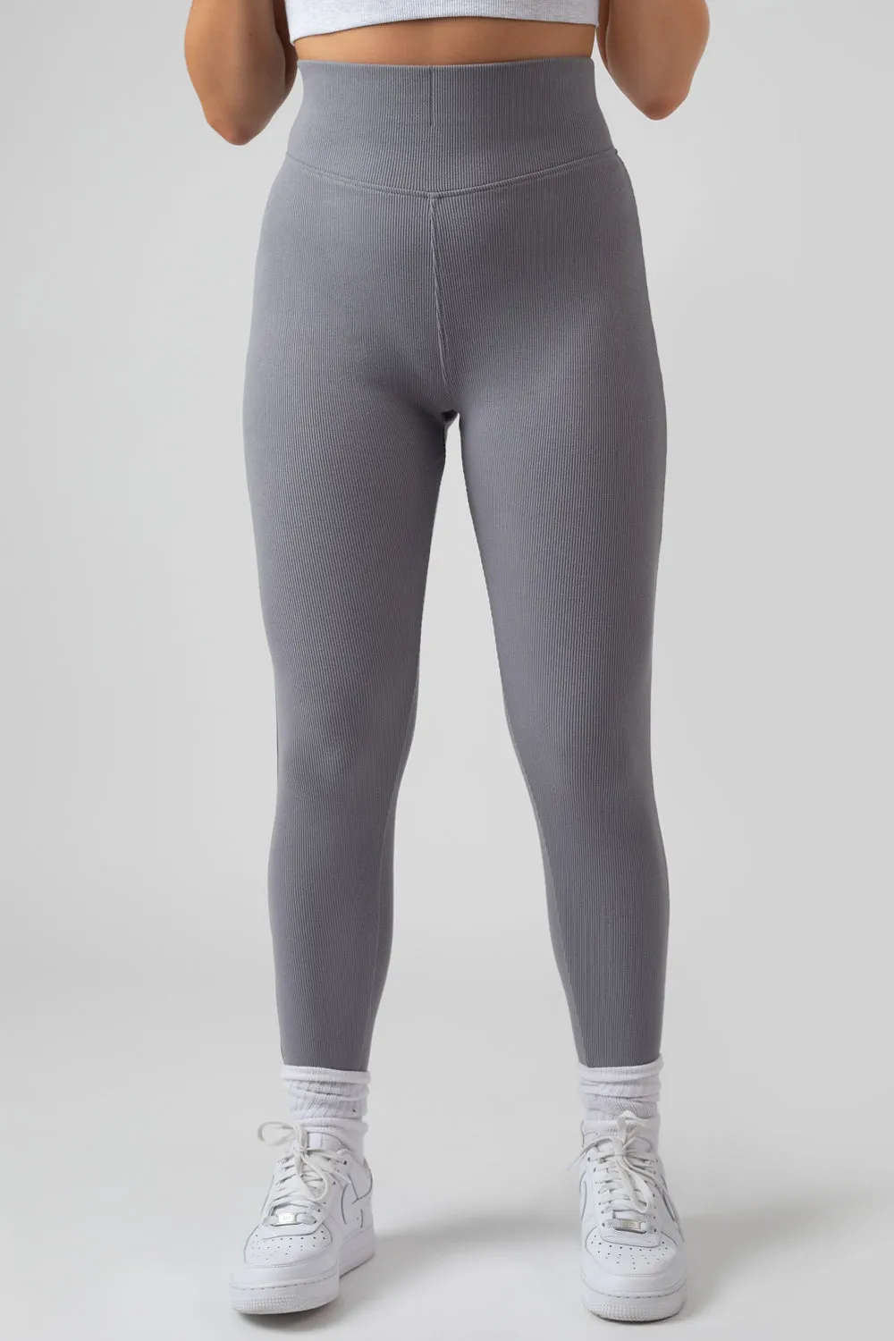 Thick Waistband Ribbed Leggings Grey