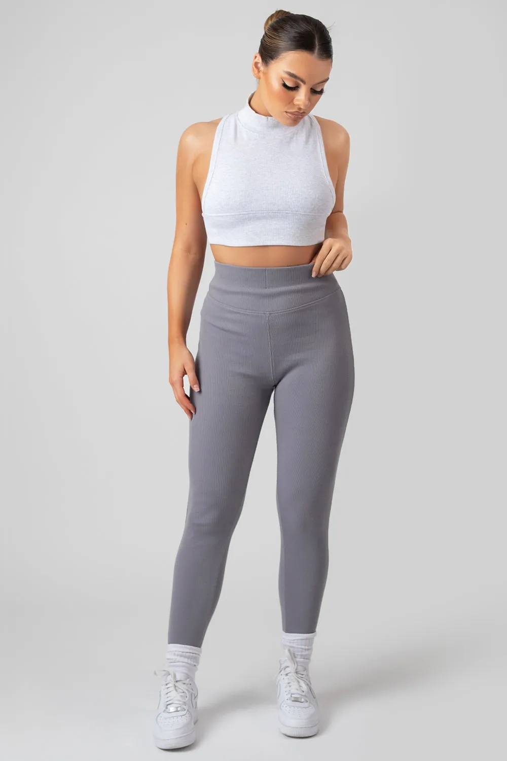 Thick Waistband Ribbed Leggings Grey