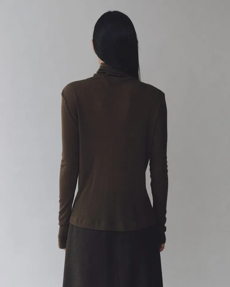 Thin Ribbed Roll Neck Top | Brown