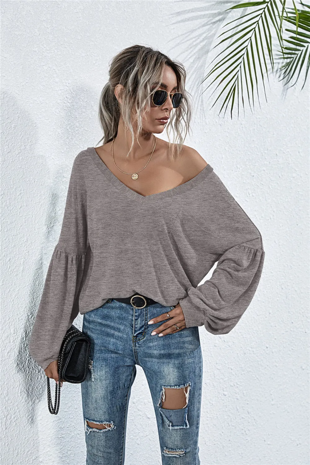 V-Neck Long Sleeve Dropped Shoulder Knit Top