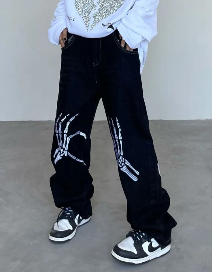 Vintage Y2K Hand Skeleton Printed Straight Fit Baggy Loose Wide Leg Black Denim Jeans For Men's