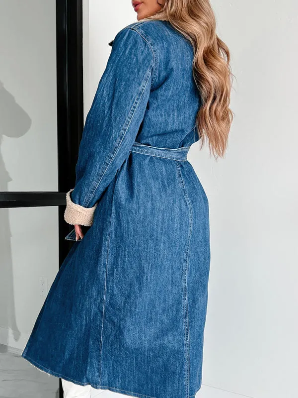 Winter Sherpa Dreams Denim Trench Coat | Denim Long Coat | Sherpa Coat | Long Denim Jacket