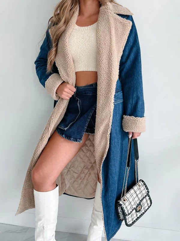 Winter Sherpa Dreams Denim Trench Coat | Denim Long Coat | Sherpa Coat | Long Denim Jacket