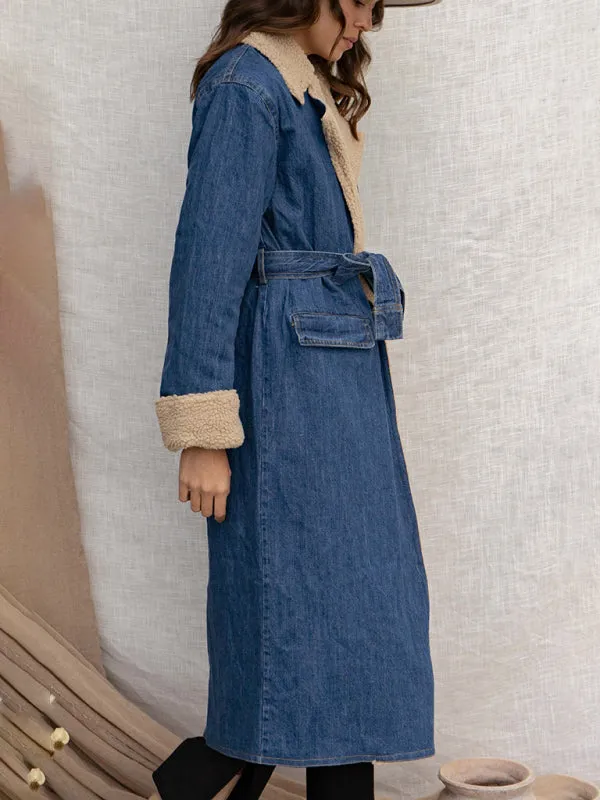 Winter Sherpa Dreams Denim Trench Coat | Denim Long Coat | Sherpa Coat | Long Denim Jacket