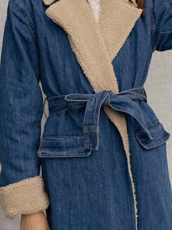 Winter Sherpa Dreams Denim Trench Coat | Denim Long Coat | Sherpa Coat | Long Denim Jacket