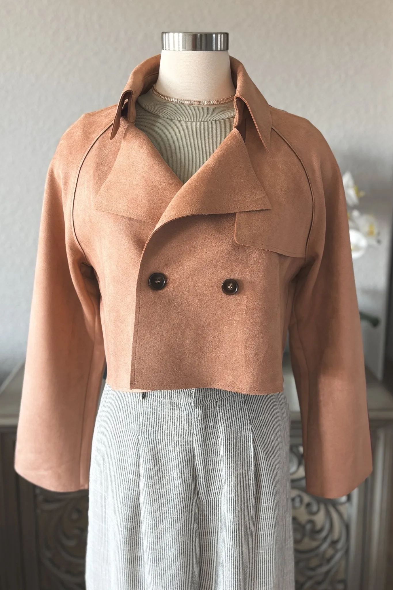 Women's Suede Cropped Trench Coat | Sage The Label | Camel Brown