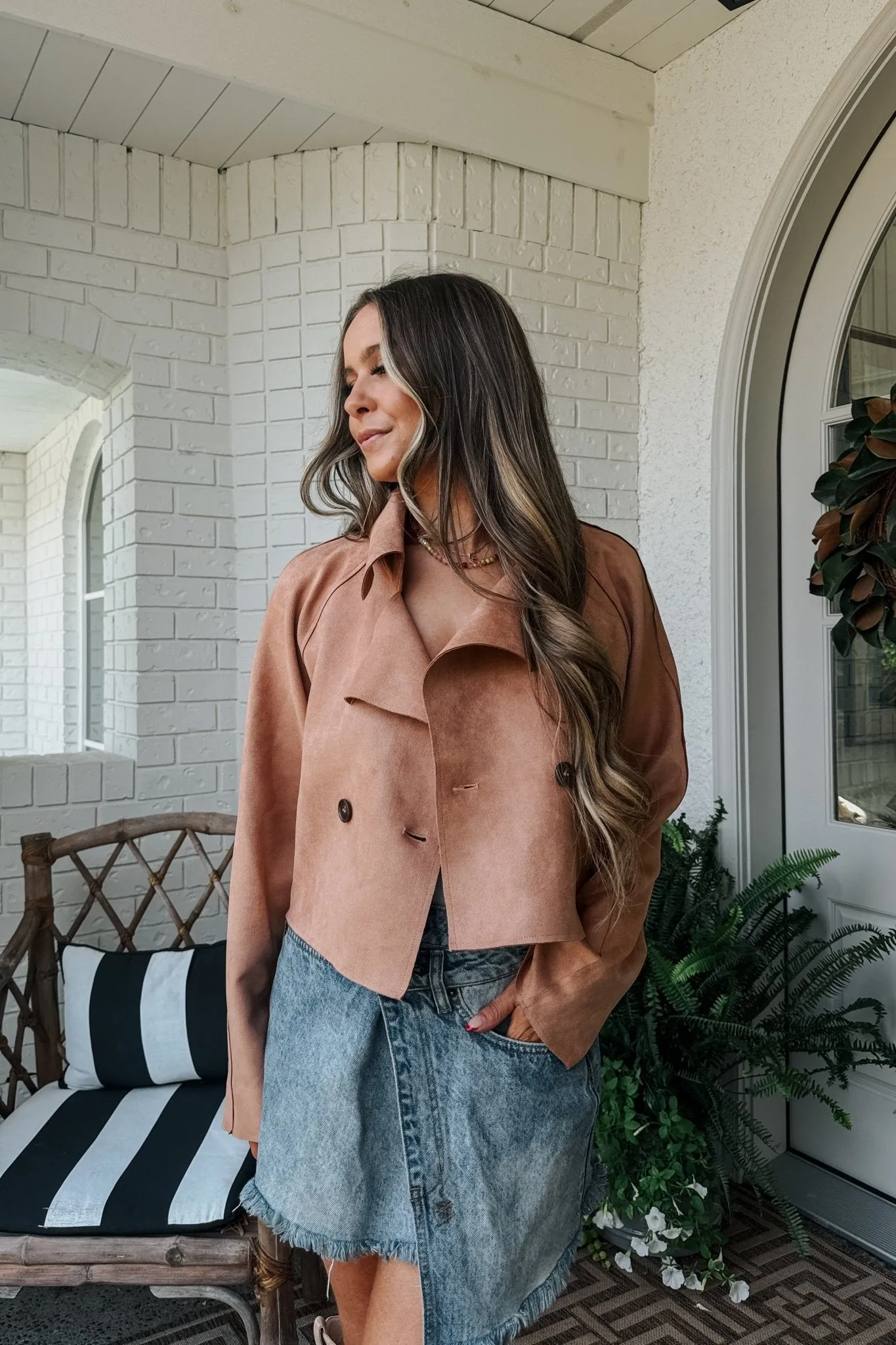 Women's Suede Cropped Trench Coat | Sage The Label | Camel Brown