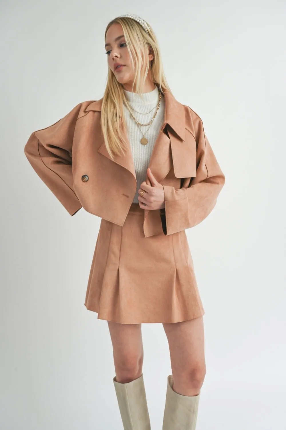 Women's Suede Cropped Trench Coat | Sage The Label | Camel Brown