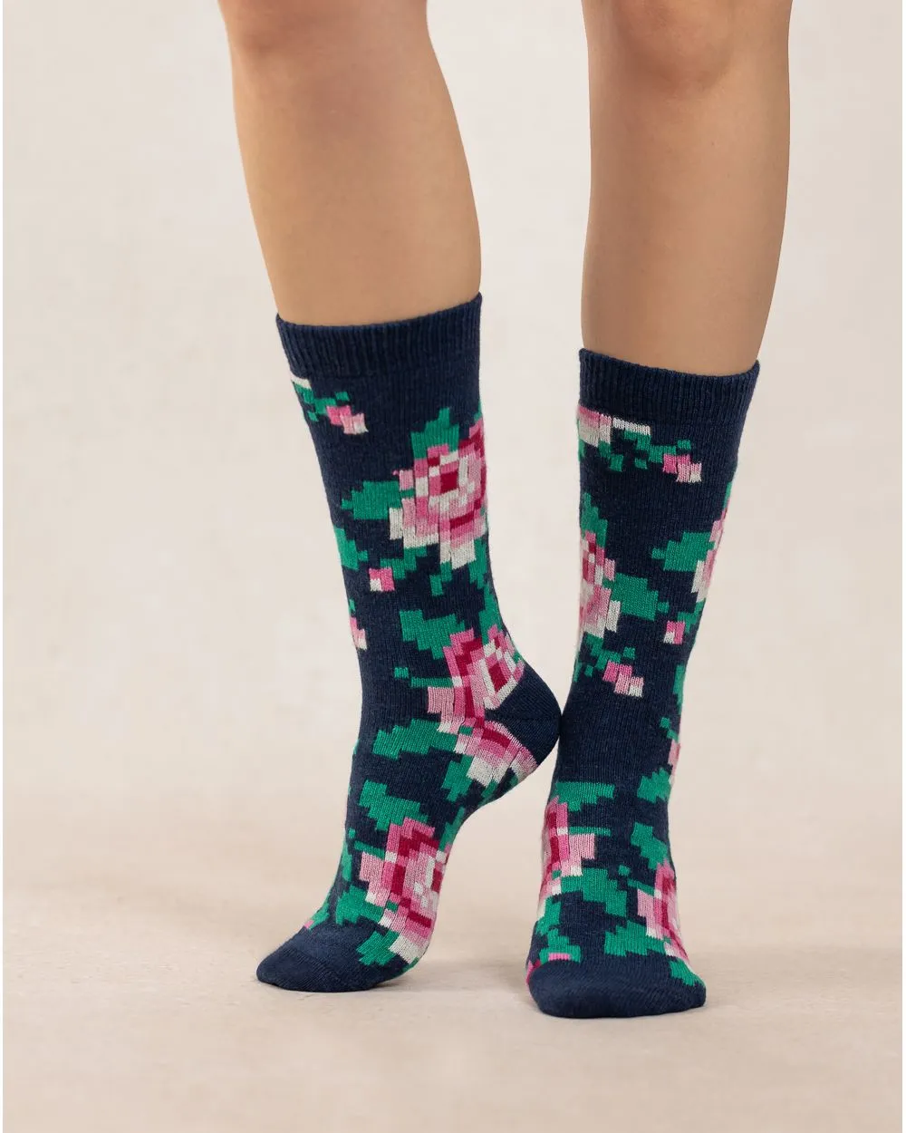 Wool Cashmere Flower Pixel Socks Admiral Blue