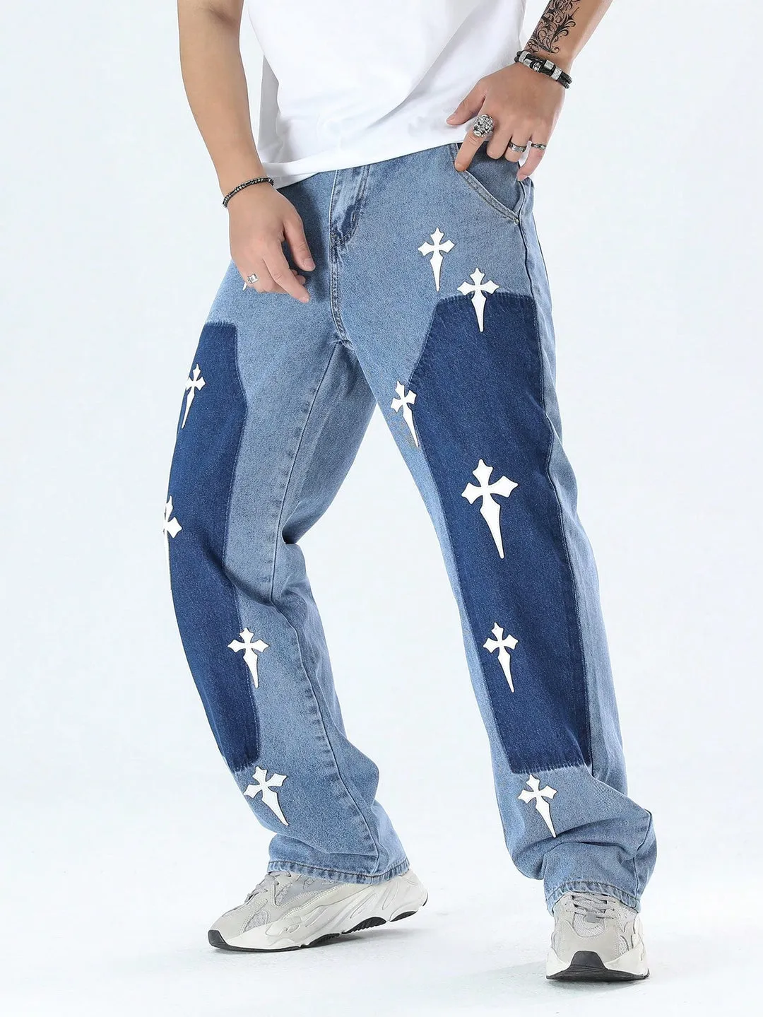 Y2K Fashion Mens Cross Print Straight Fit Baggy Streetwear Loose Fit Harajuku Denim Jeans