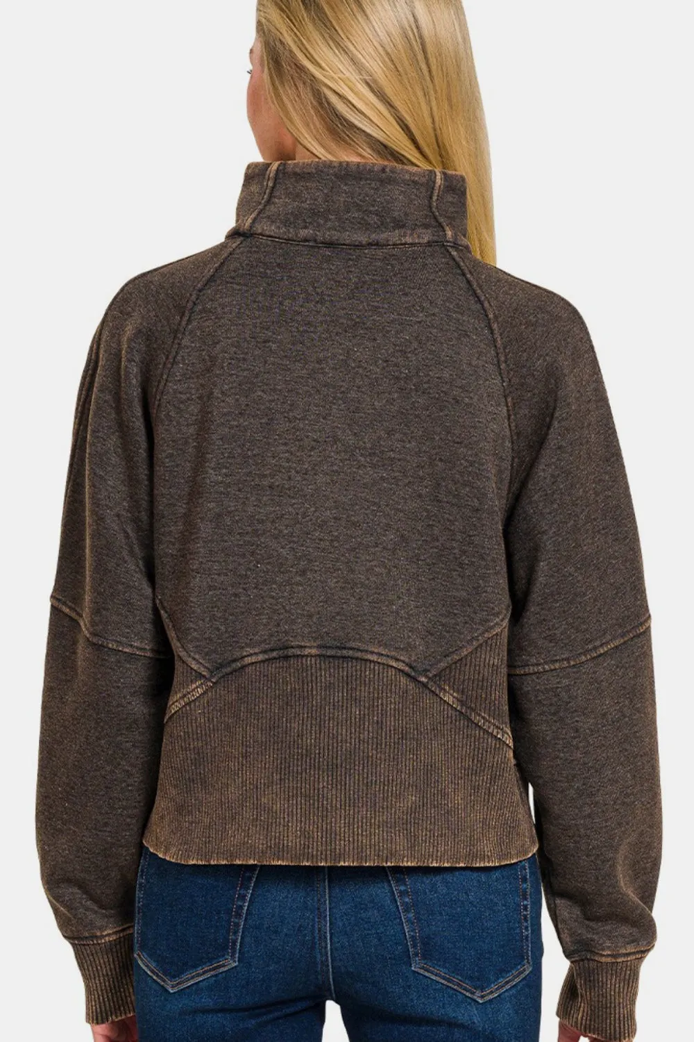 Zenana Acid Washed Half Zip Fleece Sweatshirt